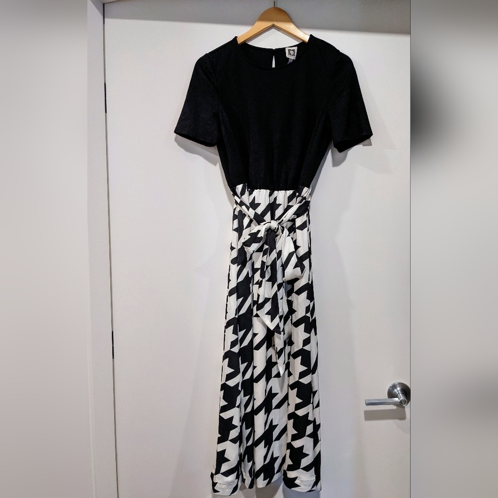 Anne Klein A-Line Midi Dress Short Sleeves Black White Houndstooth Pockets